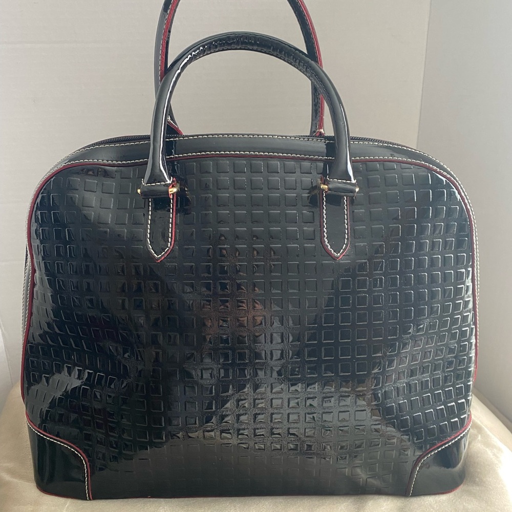 Arcadia Black Patent Embossed Dome Shoulder Bag with Red Trim